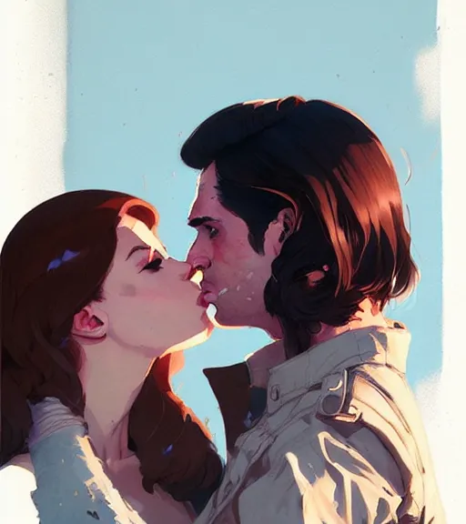 Prompt: portrait of bucky kissing natasha by atey ghailan, by greg rutkowski, by greg tocchini, by james gilleard, by joe fenton, by kaethe butcher, dynamic lighting, gradient light blue, brown, blonde cream and white color scheme, grunge aesthetic