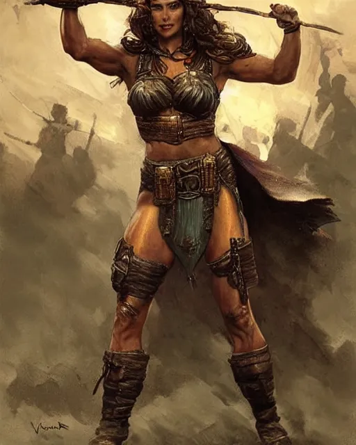Image similar to a beautiful and strong female warrior by Boris Valejo and Frank Franzetta