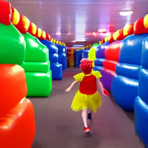 Prompt: chased by a scary clown in an endless corridor made of bouncy castle