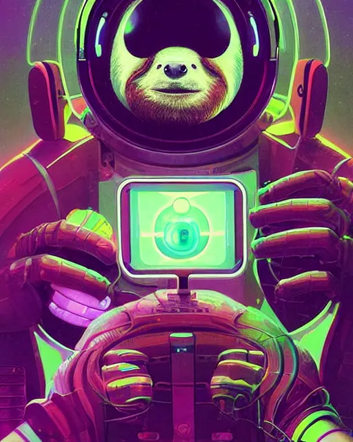 Image similar to sloth as future coder man looking on, sleek cyclops display over eyes and sleek bright headphoneset, neon accent lights, holographic colors, desaturated headshot portrait digital painting by dean cornwall, rhads, john berkey, tom whalen, alex grey, alphonse mucha, donoto giancola, astronaut cyberpunk electric