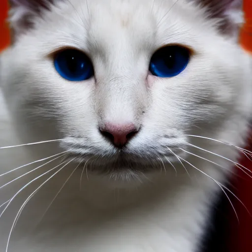 Image similar to an [ [ [ [ orange ] ] ] ] white black kitty mid - blink front view