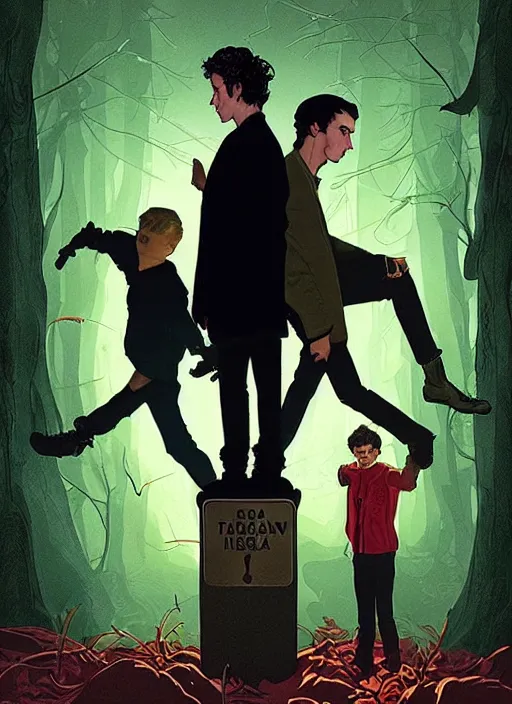 Prompt: poster artwork by Michael Whelan and Tomer Hanuka, Karol Bak of Ryan Gosling and Timothee Chalamet are the Hardy boys, from scene from Twin Peaks, clean