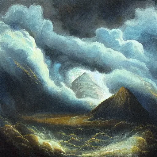 Image similar to “painting, mountain top in a storm being struck by lightning”