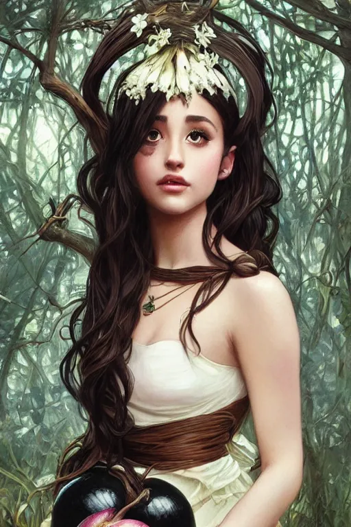 Prompt: beautiful cottagecore Ariana Grande holding a Black Onion, dark Hair, dark forest, intricate, elegant, highly detailed, digital painting, artstation, concept art, smooth, sharp, focus, illustration, art by artgerm and greg rutkowski and alphonse mucha