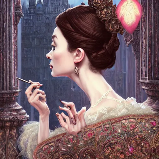 Prompt: audrey hepburn in an epic victorian novel, inside an ornate castle, intricate, elegant, highly detailed, digital painting, artstation, matte, illustration, art by artgerm, greg rutkowski, loish, rhads, ferdinand knab, makoto shinkai, lois van baarle, ilya kuvshinov, rossdraws, tom bagshaw