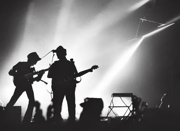 Prompt: a 2 8 mm macro photo from the back of a guitarist in the spotlight on stage at a festival in silhouette in the 1 9 6 0 s, bokeh, canon 5 0 mm, cinematic lighting, dramatic, film, photography, golden hour, depth of field, award - winning, 3 5 mm film grain