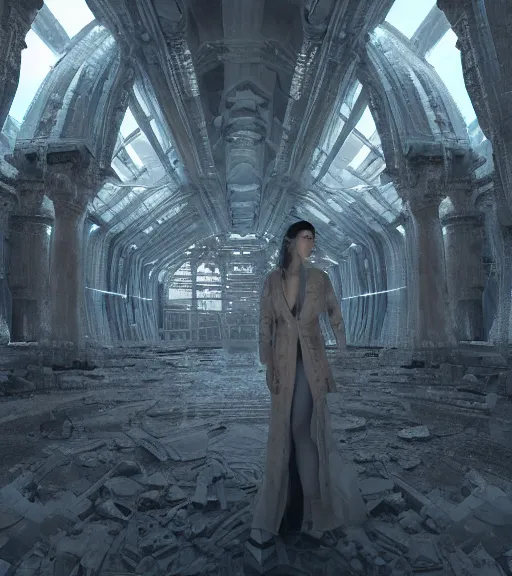 Image similar to ethereal picture of tarkovsky greatest scene, aura of the ancient destroyed majestic tower of babylon, a woman in futuristic cyber clothing, transparent puffer jacket, hyperealistic, blockchain, cyber world, ambient lighting, concept art, intricate, hyper detailed, smooth, dynamic volumetric lighting, ocatane, ray trace, cinematic, high quality, cgsociety