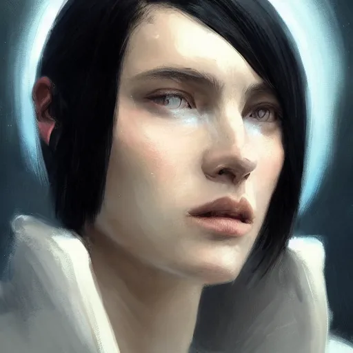 Image similar to portrait of a woman by greg rutkowski, anya solo, black bob hair, tall and slender, star wars expanded universe, wearing a white flying jacket, she is about 2 0 years old, highly detailed portrait, digital painting, artstation, concept art, smooth, sharp foccus ilustration, artstation hq