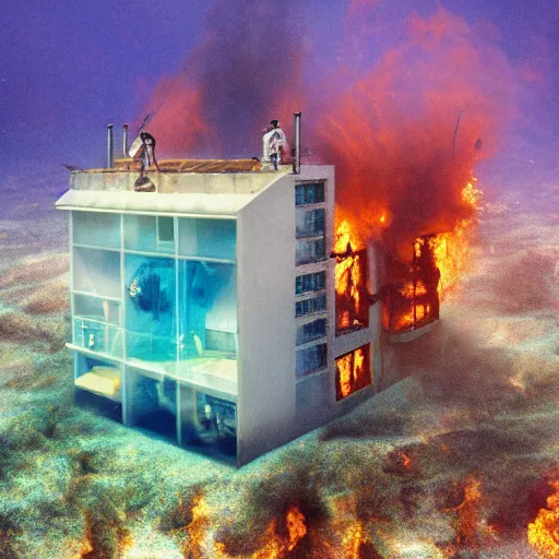 Prompt: a house burning underwater, with a humanois robot standing out to it, 8 k resolution, colorful, mariana trench