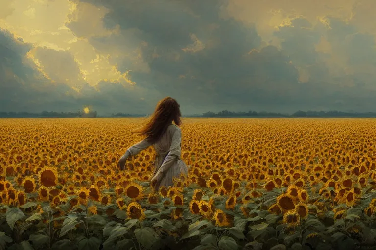 Image similar to a beautiful painting of the sea of sunflowers, girl, by greg rutkowski, trending on artstation