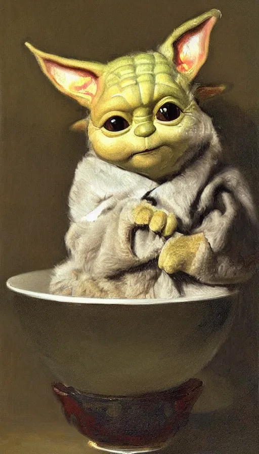 Image similar to painting of adorable furry baby yoda in a teacup, by peder krøyer, dramatic lighting, golden hour, adorable, intricate detail, canvas print