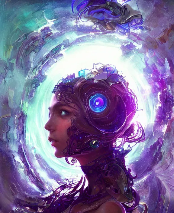 Prompt: a whirlwind of souls rushing inside the metaverse, half body, glowin eyes, tiara with sapphire, insect, android, cyberpunk, d & d, fantasy, intricate, elegant, highly detailed, colorful, vivid color, digital painting, artstation, concept art, art by artgerm and greg rutkowski and alphonse mucha and ruan jia