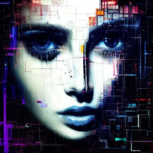Prompt: hyperrealistic portrait of a young women with crystal eyes, by Guy Denning, by Johannes Itten, by Russ Mills, glitch art, hacking effects, digital tech effects, cyberpunk, color blocking, oil on canvas, intricate detail, concept art, abstract, detailed lines, clean, polished, symmetrical, octane, cgsociety, 8k, trending on artstation