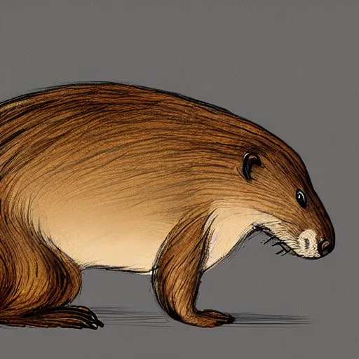 Image similar to a beaver in profile with a big tail and big front teeth, fluffy fur drawn concept art