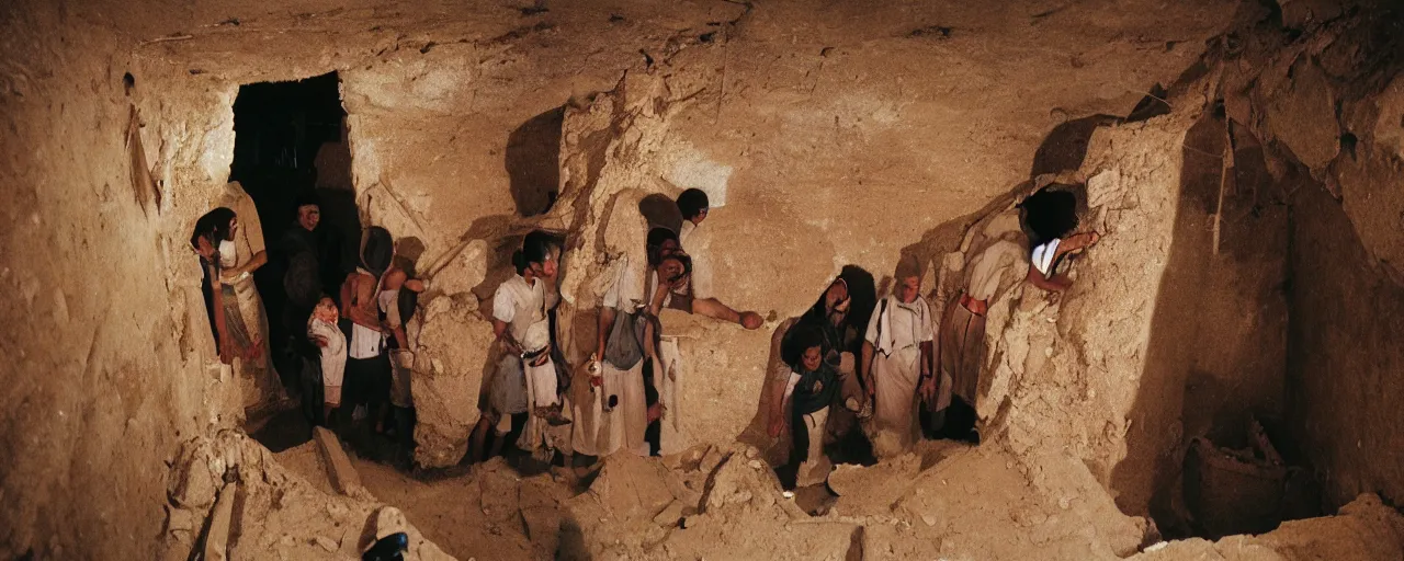 Image similar to ancient egyptians discovering a tomb inside a pyramid made of spaghetti, national geographic, canon 5 0 mm, cinematic lighting, photography, retro, film, kodachrome
