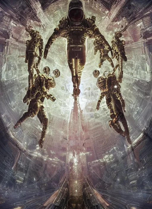 Image similar to astronauts in dark and empty void underwater - complex and hyperdetailed technical suit. mandelbulb fractal. reflection and dispersion materials. rays and dispersion of light. volumetric light. 5 0 mm, f / 3 2. noise film photo. flash photography. ultra realistic, wide angle. poster by wayne barlowe, hajime sorayama aaron horkey, craig mullins