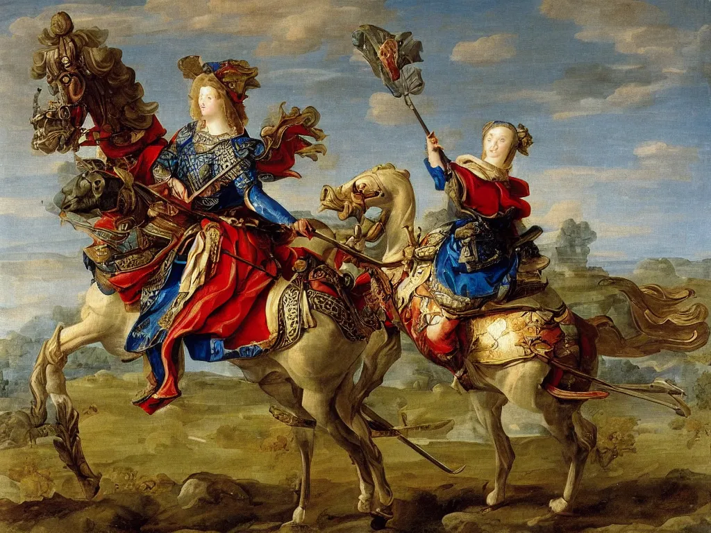 Image similar to a valiant female knight in full armor | colorful | tapestries | Hyacinthe Rigaud | stone castle