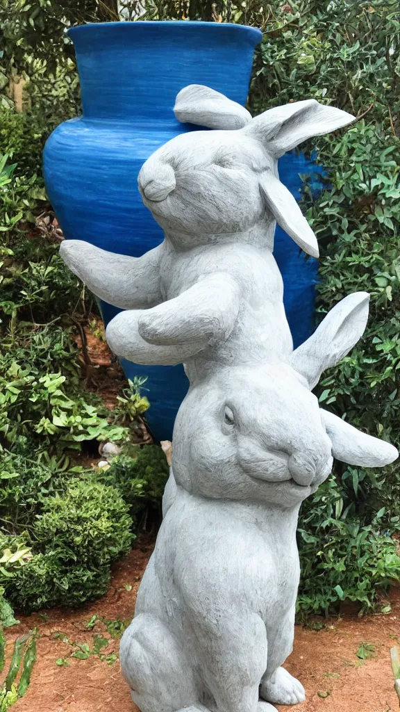 Prompt: a detailed huge rabbit statue beside a big blue persian pot by rafael