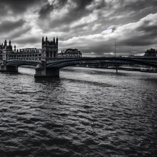 Prompt: underwater Westminster, deep underwater, trawled seabed, shot on gopro9, moody lighting, 8k, very very very highly detailed, hyper realistic realistic