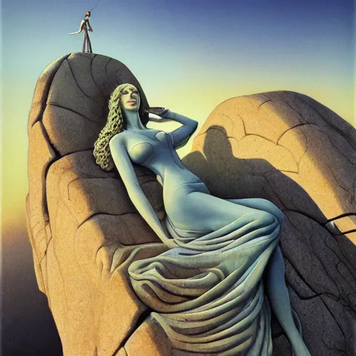 Prompt: a detailed colossal magnificent stone sculpture carved from the top of a massive mountain of an elegant woman lying flat on the ground with one hand raised to the sky, fine detail, sunrise on the horizon in the background, stone hand raised up, 8 k, art, by roger dean and andrew ferez