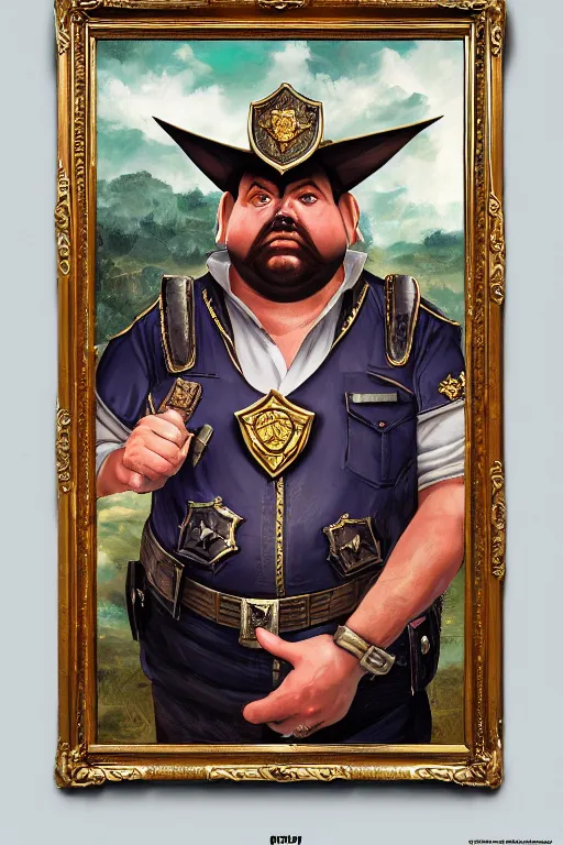 Image similar to high elf mall cop with a sheriff's badge that is fat, shifty, and incompetent, RPG portrait from the chest up, Oil Painting, dramatic lighting, renaissance