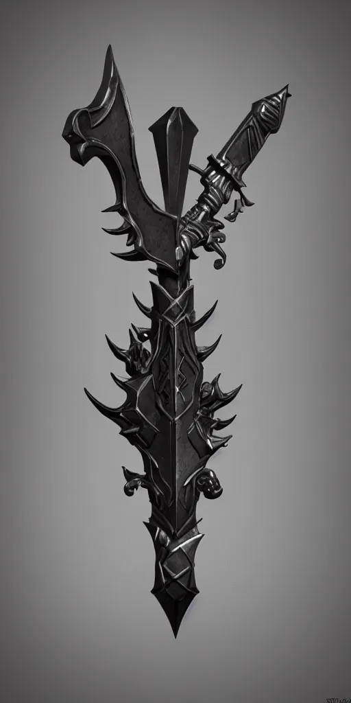 Prompt: a black and silver axe skull crest, ornament, weapon, a 3 d render by dom qwe, trending on polycount, artstation, hard surface modeling, zbrush