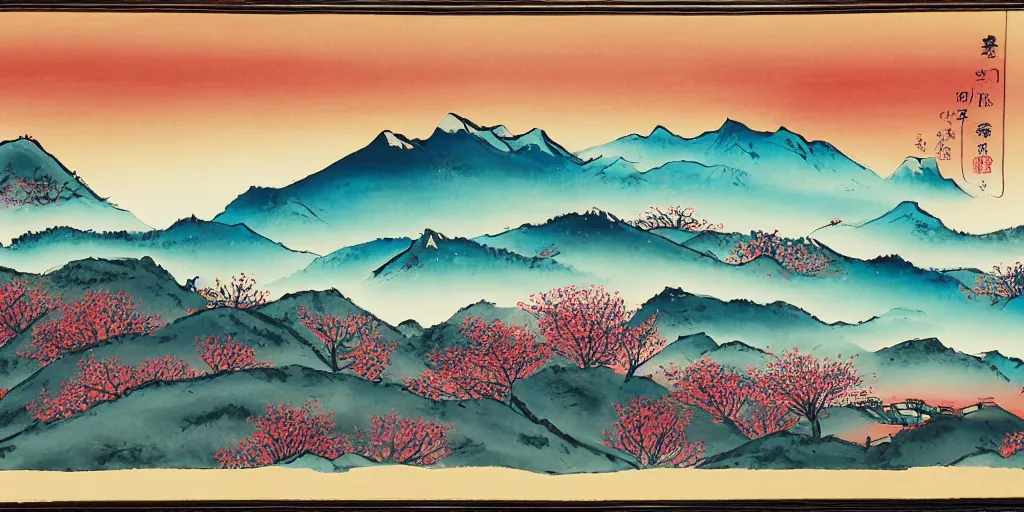 Image similar to jappanese ink painting of a blooming cherry blossom forest with mountains in the background and a deep red sun, colorful, detailed