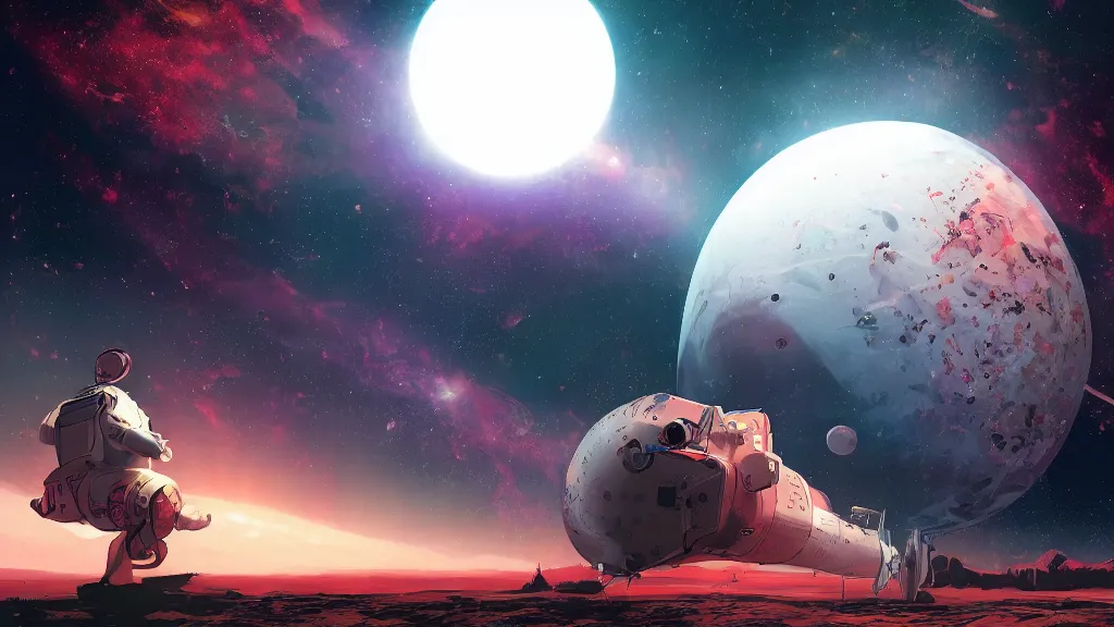 Prompt: very detailed, prophet graphic novel, ilya kuvshinov, rutkowski, simon roy, illustration of a malevolent planet viewed from space surrounded by space junk, wide shot, colorful, deep shadows,