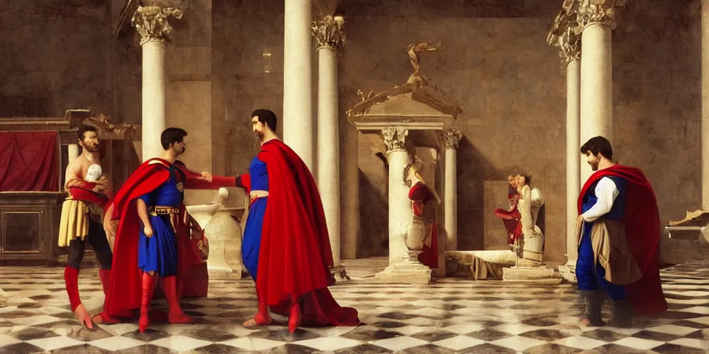 Prompt: beautiful oil matte portrait painting, men dressed in red capes and golden ornaments arguing inside a roman temple, wonderful masterpiece highly detailed, beautiful cinematic light deep focus, elegant, digital painting, smooth, sharp focus, golden ratio, dramatic illumination, ultra realistic, 8 k, art by artemisia lomi gentileschi and caravaggio