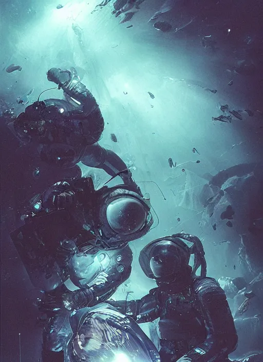 Image similar to astronauts in dark and empty void underwater - complex and hyperdetailed technical suit. reflection and dispersion materials. rays and dispersion of light. volumetric light. 5 0 mm, f / 3 2. noise film photo. flash photography. ultra realistic, wide angle. poster by wayne barlowe, hajime sorayama aaron horkey, craig mullins