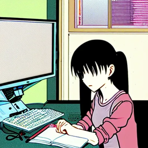 Image similar to full view of girl studying at her future computer, from serial experiments lain, style of yoshii chie and hikari shimoda and martine johanna and studio ghibli, highly detailed