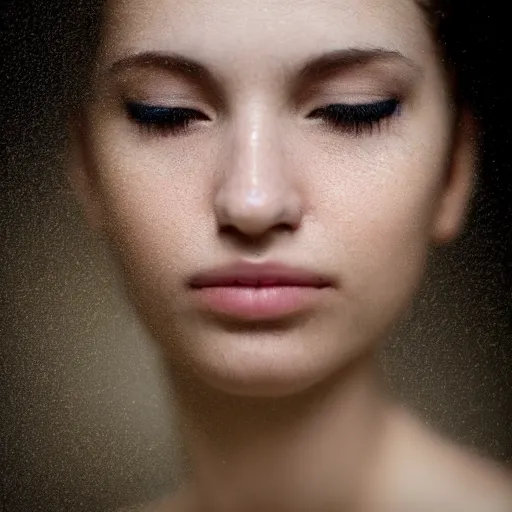 Image similar to photorealistic portrait of a beautiful young woman, very blurry, out of focus, translucent stone white skin, closed eyes, foggy, closeup