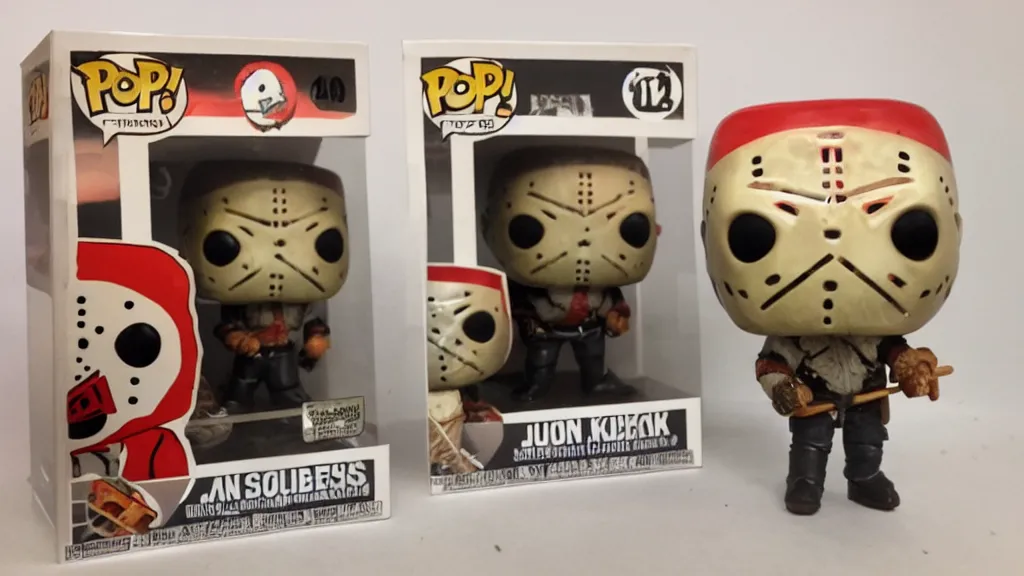 Image similar to a Funko Pop Collectible of Jason Voorhees. Wearing hockey mask, holding axe.