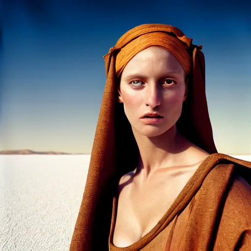 Image similar to photographic portrait of a stunningly beautiful middle ages renaissance female in strong sunshine on a salt flat, contemporary fashion shoot, by edward robert hughes, annie leibovitz and steve mccurry, david lazar, jimmy nelsson, breathtaking, 8 k resolution, extremely detailed, beautiful, establishing shot, artistic, hyperrealistic, beautiful face, octane render