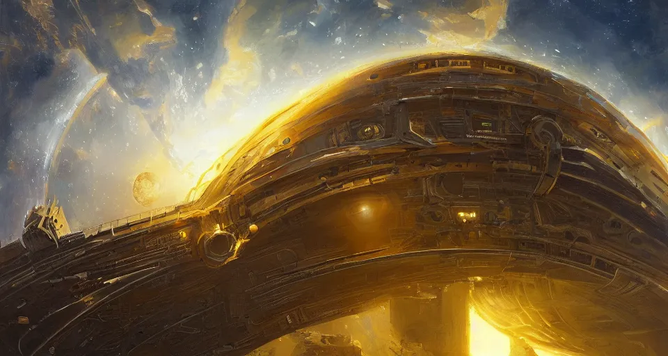 Prompt: deep space super structure, distant sun, detailed, sharp focus, brush strokes, golden hour light, acrylic, by federico pelat, darek zabrocki.