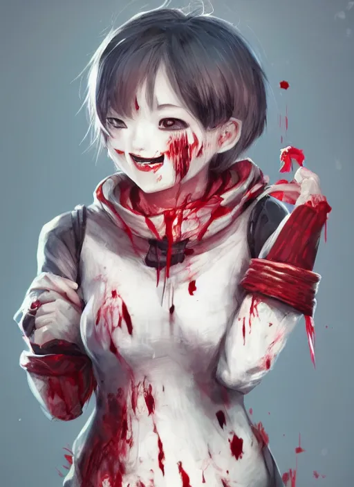 Prompt: a highly detailed illustration of short hair cute japanese girl wearing blood stained hoodie and bandages on arms, dramatic sadistic smile pose, intricate, elegant, highly detailed, centered, digital painting, artstation, concept art, smooth, sharp focus, league of legends concept art, WLOP