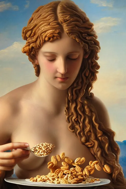 Prompt: greek statue of Aphrodite eating cereal, oil on canvas, intricate, portrait, 8k highly professionally detailed, HDR, CGsociety