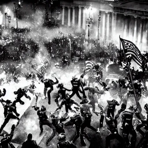 Image similar to January 6 capitol riot in the style of Zack Snyder film