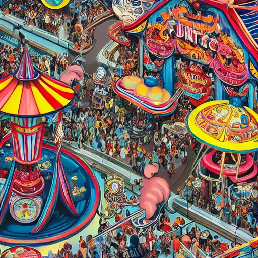 Prompt: crazy funfair ride, extremely detailed, sharp focus, wide view, full body shot, smooth, digital illustration, by james jean, by rossdraws, frank franzzeta, mcbess, sakimichan