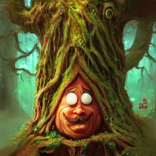 Prompt: a magic talking tree ent with a face in it, with a moustache, fantasy concept art, oil painting, hyperrealistic, highly detailed, artstation, cgsociety