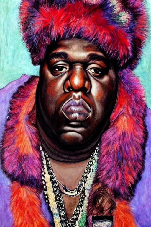 Image similar to a portrait of biggie smalls wearing boho - chic style clothes, with a fur muffler, full body!!, realistic painting in egon schiele style, masterpiece, hyperdetailed, complex, intricate, 4 k, trending on artstation