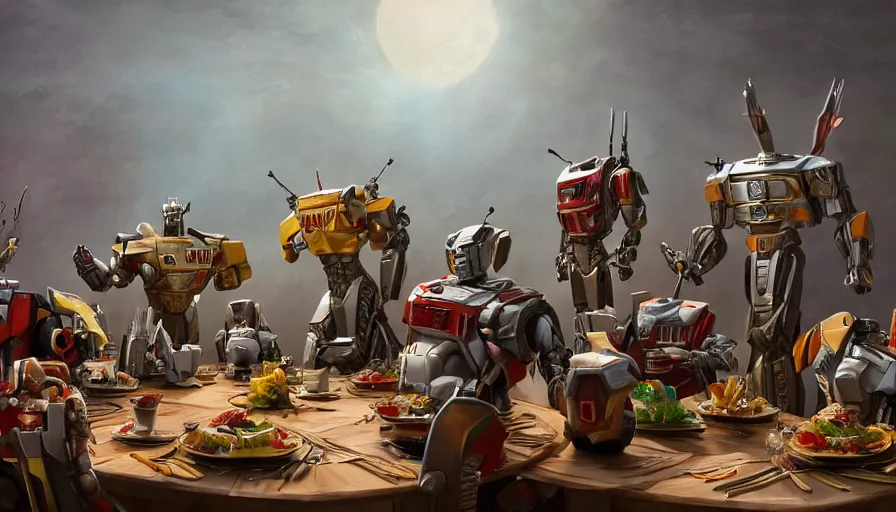 Image similar to a table dinner of transformers robots where robots are dressed like the characters from the midsommar movie, realistic detailed digital art by maxwell boas jessica rossier christian dimitrov anton fadeev trending on artstation cgsociety rendered in unreal engine 4 k hq