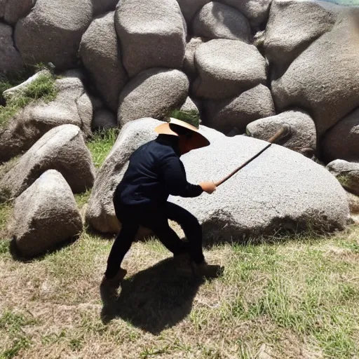 Prompt: asian indiana jones escaping a giant boulder made of rice