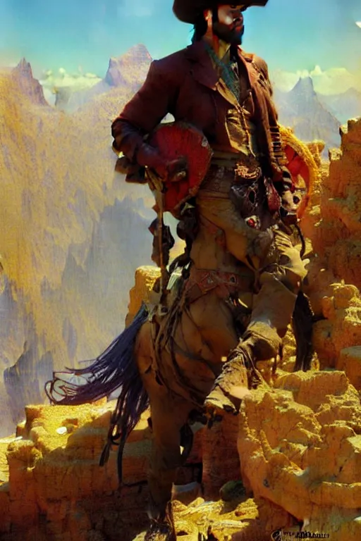 Image similar to attractive man, cowboy, beautiful mountain, cool colors, painting by gaston bussiere, craig mullins, greg rutkowski, alphonse mucha