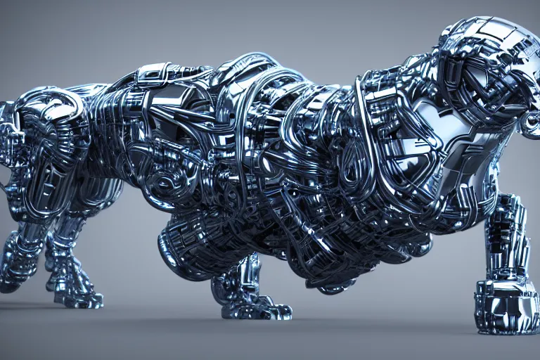 Image similar to futuristic metal cybernetic!! lion!!! white blue grey, octane render, studio light,