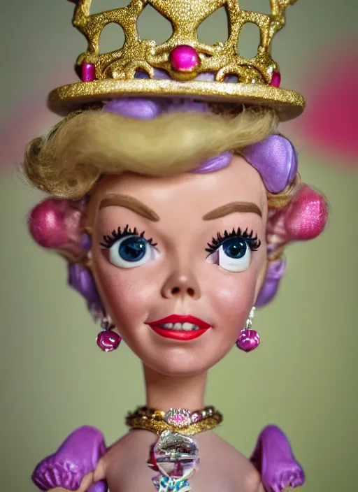 Image similar to closeup face profile portrait of tin toy doris day as a fairytale princess wearing a crown eating cakes, bikini, depth of field, zeiss lens, detailed, symmetrical, centered, fashion photoshoot, by nicoletta ceccoli, mark ryden, lostfish, breathtaking, 8 k resolution, extremely detailed, beautiful, establishing shot, artistic, hyperrealistic, octane render