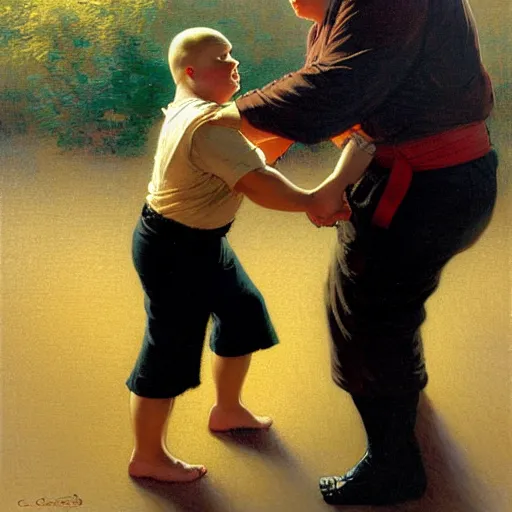 Image similar to bobby hill taking back his purse from the self defense instructor, dojo background, painting by gaston bussiere, craig mullins, j. c. leyendecker