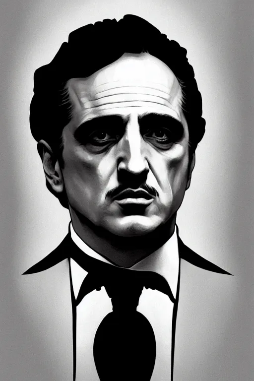 Image similar to clear portrait of the godfather from the movie, cottagecore!!, mafia background hyper detailed, character concept, full body, dynamic pose, intricate, criminal appearance, highly detailed, digital painting, artstation, concept art, smooth, sharp focus, illustration, art by artgerm and greg rutkowski and alphonse mucha