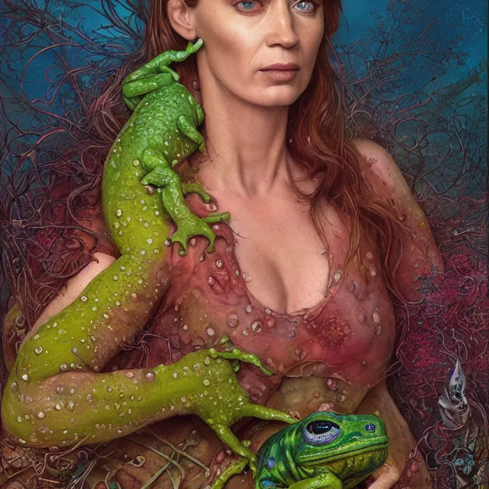 Image similar to a portrait photograph of emily blunt as a brightly colored amphibian hybrid with wet mutated skin. wearing a cactsuit many body modifications. by tom bagshaw, donato giancola, hans holbein, walton ford, gaston bussiere, brian froud, peter mohrbacher and magali villeneuve. 8 k, cgsociety