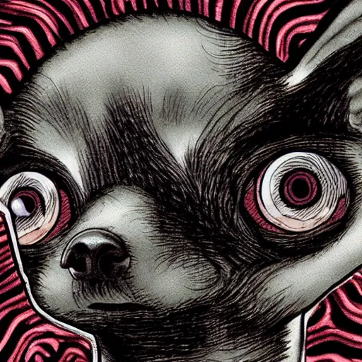 Prompt: a dark brown humanoid chihuahua, hyper detailed, in the style of junji ito and and junji ito and junji ito, selfie